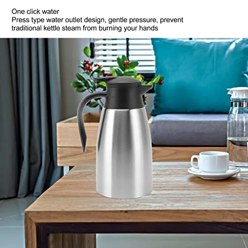 Stainless Steel Thermal Carafe, Press Type Long Lasting Insulation Non Slip Leakage Proof Sealing Thermal Pot for Home (Stainless Steel Color 2L)