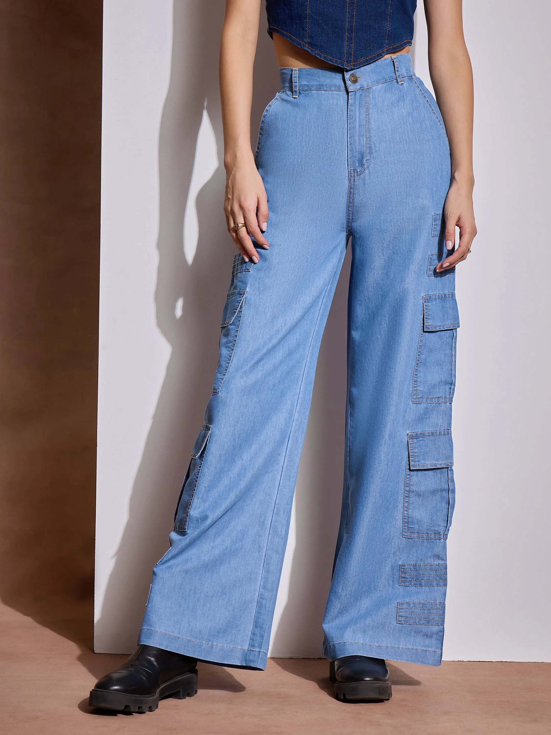 Women Ice Blue Multi Pocket Top With Cargo Pants