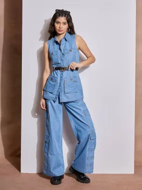 Women Ice Blue Multi Pocket Top With Cargo Pants